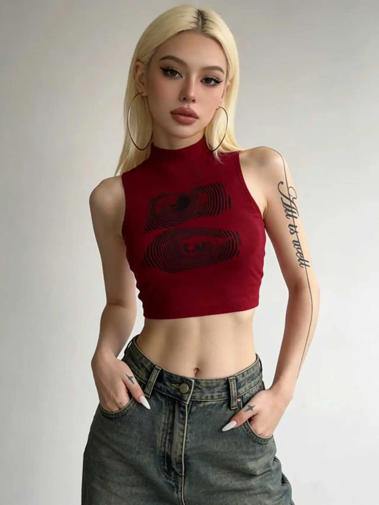 Women's Vintage Red Camisole Y2k Gyaru Print Tank Top Turtleneck Vest Crop Sleeveless Burgundy Crop Top For Women Summer 2026