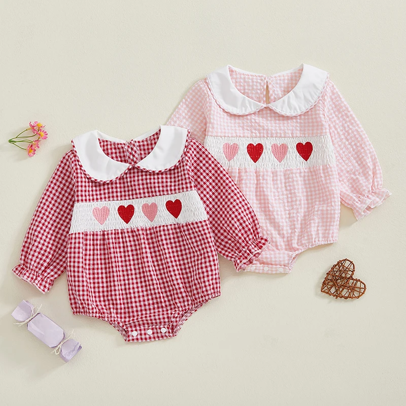 2024-10-07 Lioraitiin Baby Girl Plaid Romper Heart Embroidery Doll Collar Long Sleeve Bodysuit Spring Fall Clothes