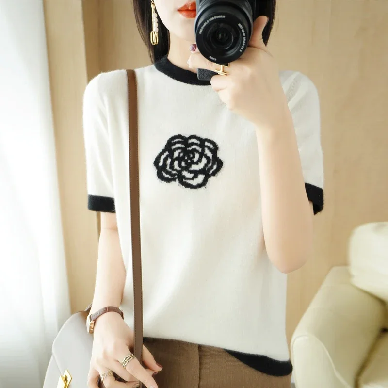 2022 spring and summer women's wear new round neck women's wear cashmere short sleeve Camellia pattern fashion trend, multi-colo