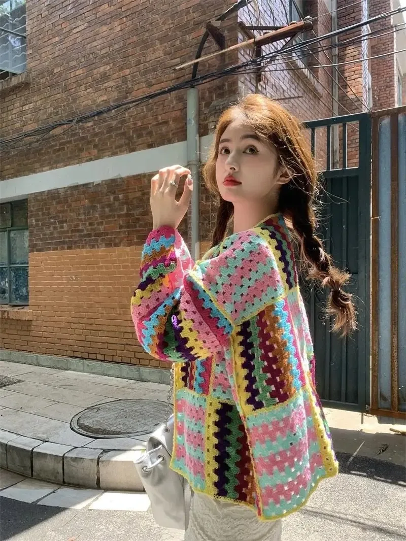 Boho Crochet Openwork Knitted Cardigan Multi-color Resort Wear Spring Fall Korean Style One Size Women Short Knit Jacket 2025