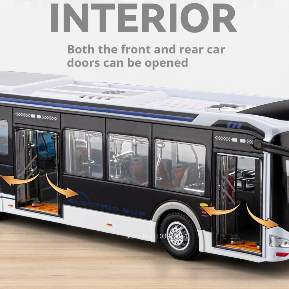 1:42 nuevo autobús energético, modelo de aleación, coche fundido a presión, juguetes, sonido, luz, puertas extraíbles, vehículos en miniatura abiertos, rompecabezas para niños, juguete para regalo