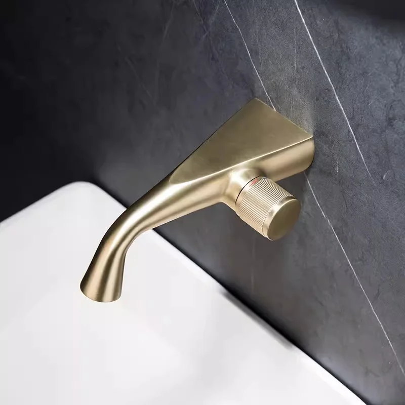 

Brushed Gold Basin Faucet,Chrome Brass Bathroom Sink Mixer,Hot & Cold Tap,Wall Mounted,Round Single Handle,with Embedded Box,New