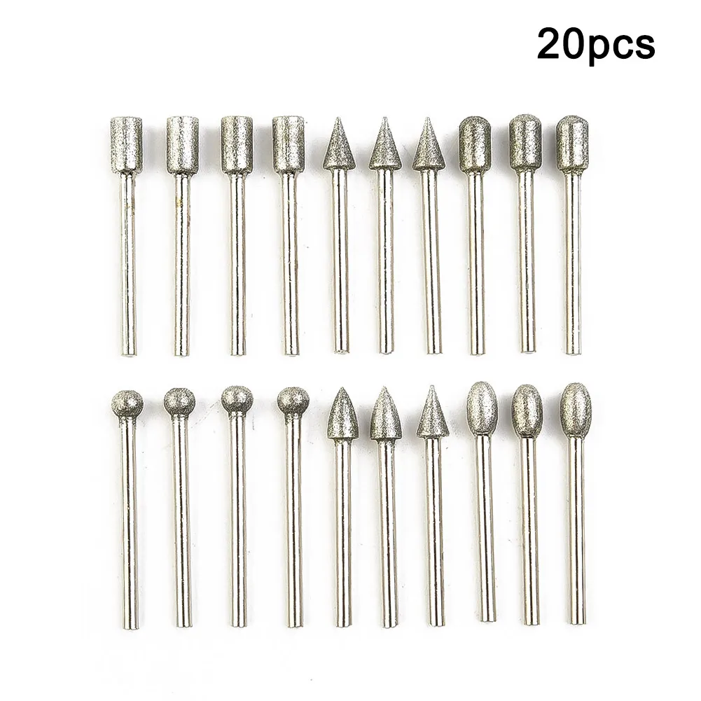 

3mm shank Burr Drill Bits Carving Supplies 120 Grit Wood 20pcs Cutting Diamond Electroplated Engraving Glass Metal