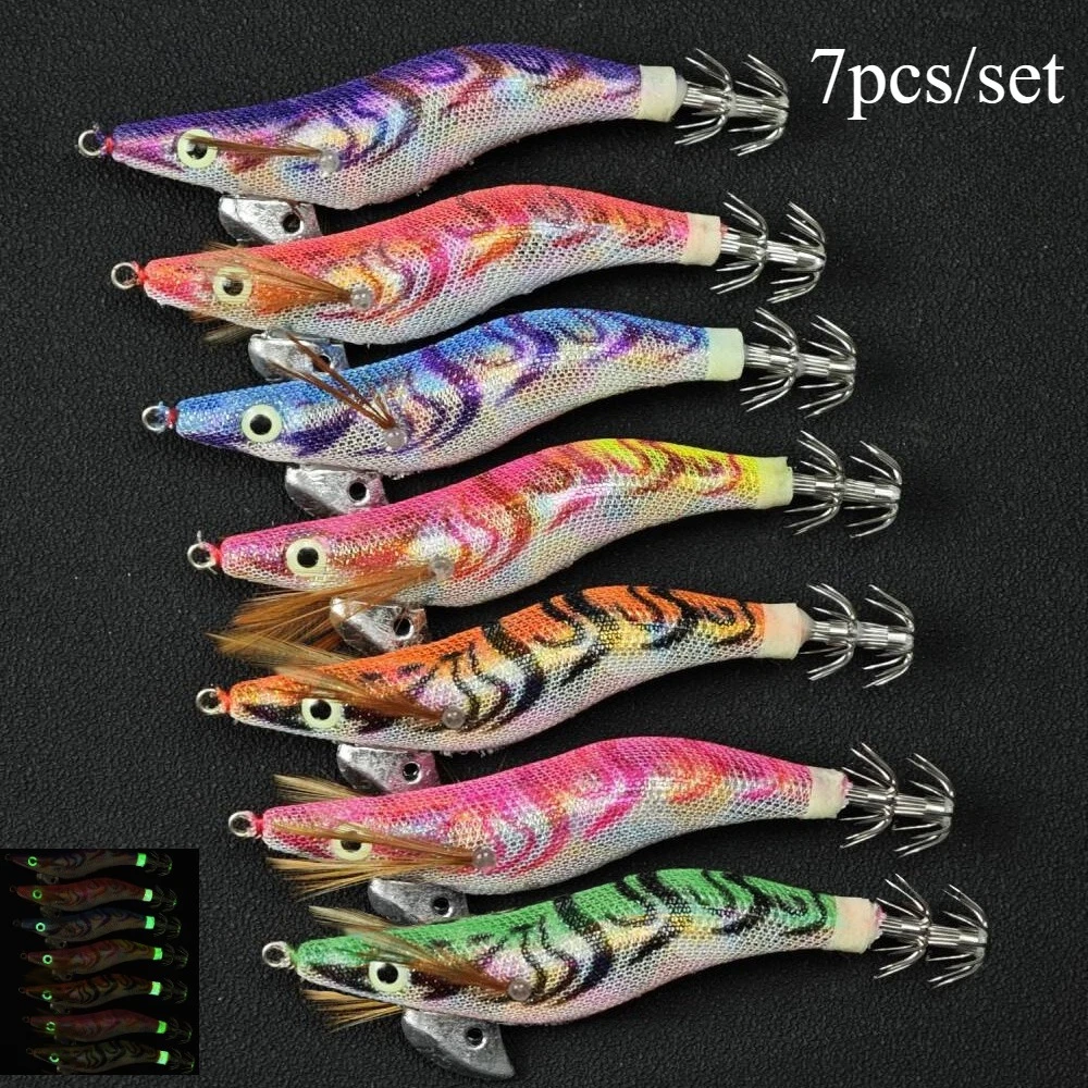 7pcs/set Glow Shrimp Prawn Lures 2.5# 3.0# 3.5# Real Shrimp Fishing Lures Cuttlefish Shrimp Baits Fishing Accessories Squid Jig
