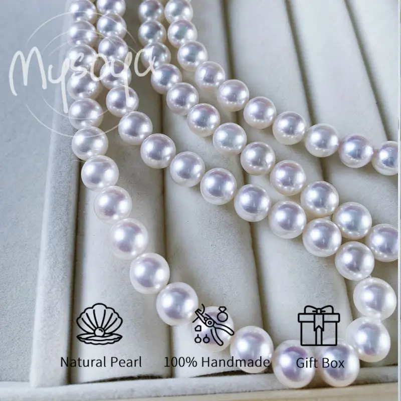 

MYSOYA Японское жемчужное ожерелье Akoya с морской водой 8-8,5 мм S925, серебристая пряжка с бантом и подарочной коробкой для нее/им на день рождения, свадьбу