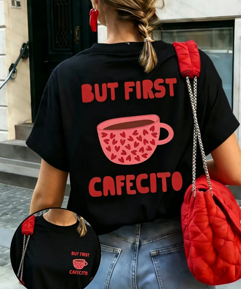 But First Cafecito Coffee Graphic T-Shirt Women Summer Harajuku Kawaii Heart Cup Print Crew Neck Short Daily Basic Fashion Top