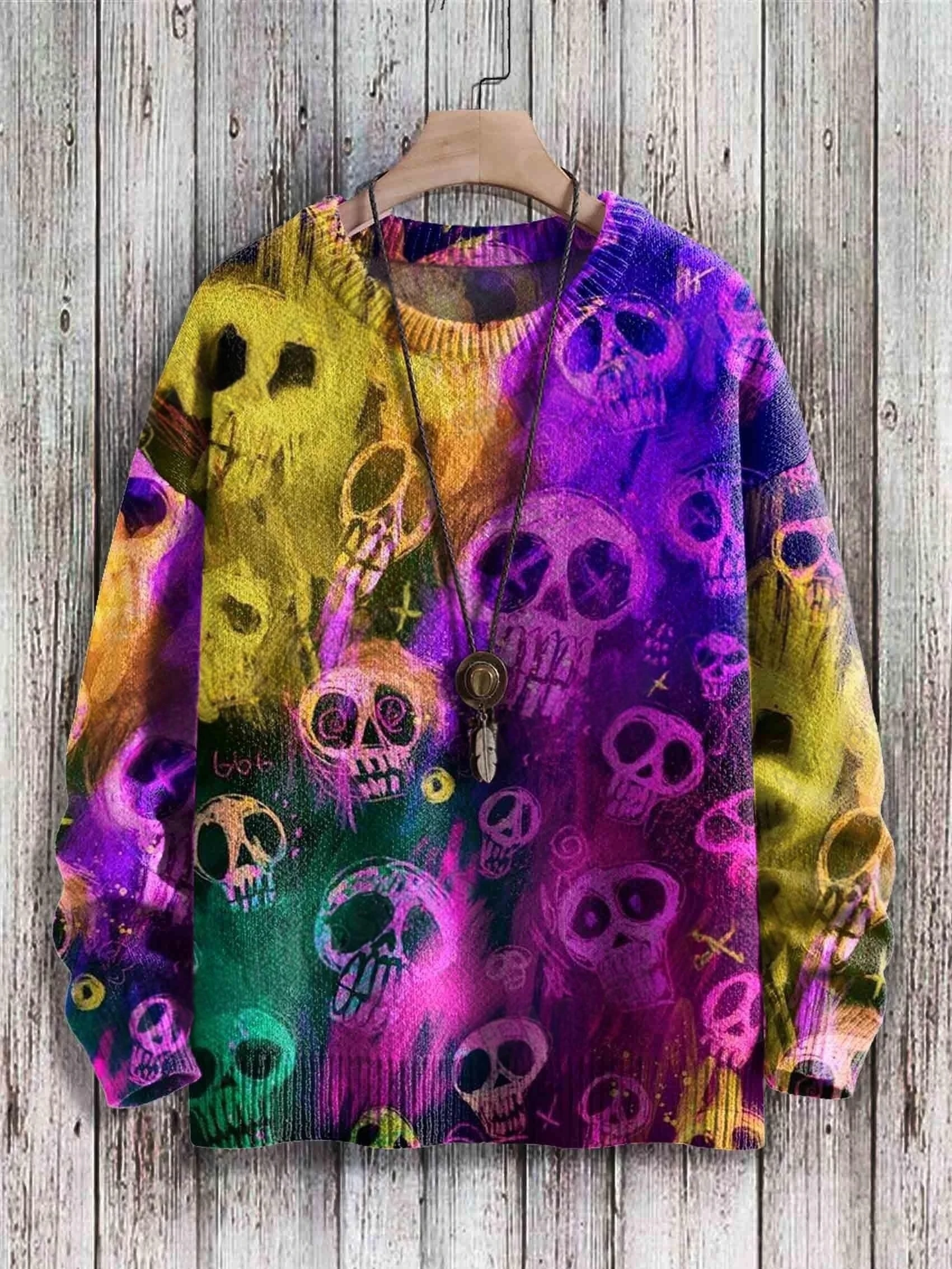 Halloween Skull Retro Art Pattern 3D Printed Men's Knitted Pullover Winter Unisex Casual Knit Pullover Sweater