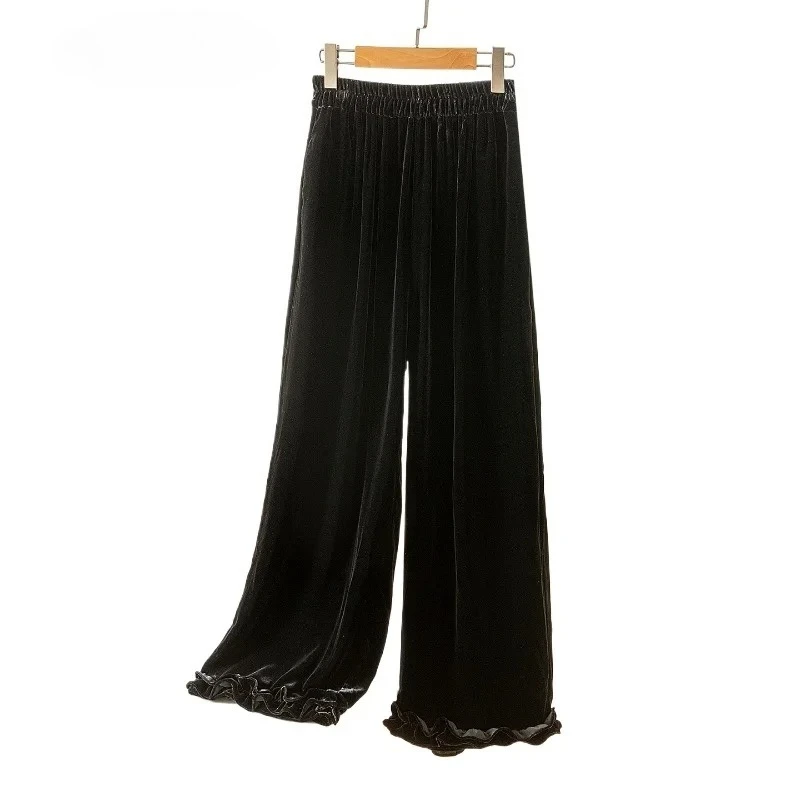 Women's High-end Autumn/Winter Clothing Black 30% Natural Mulberry Silk Velvet Elastic Waist Versatile Casual Wide Leg Pants
