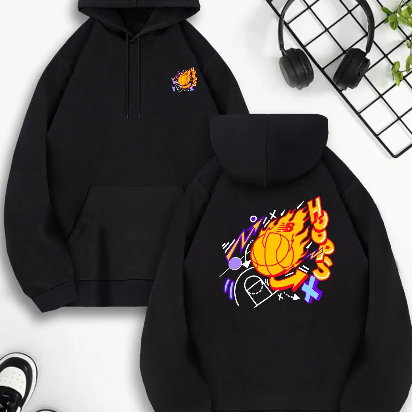 Men's Fashion Sweatshirt European and American Bestselling Basketball Flame Pattern Hoodie Trendy Printed Design Sweatshirt