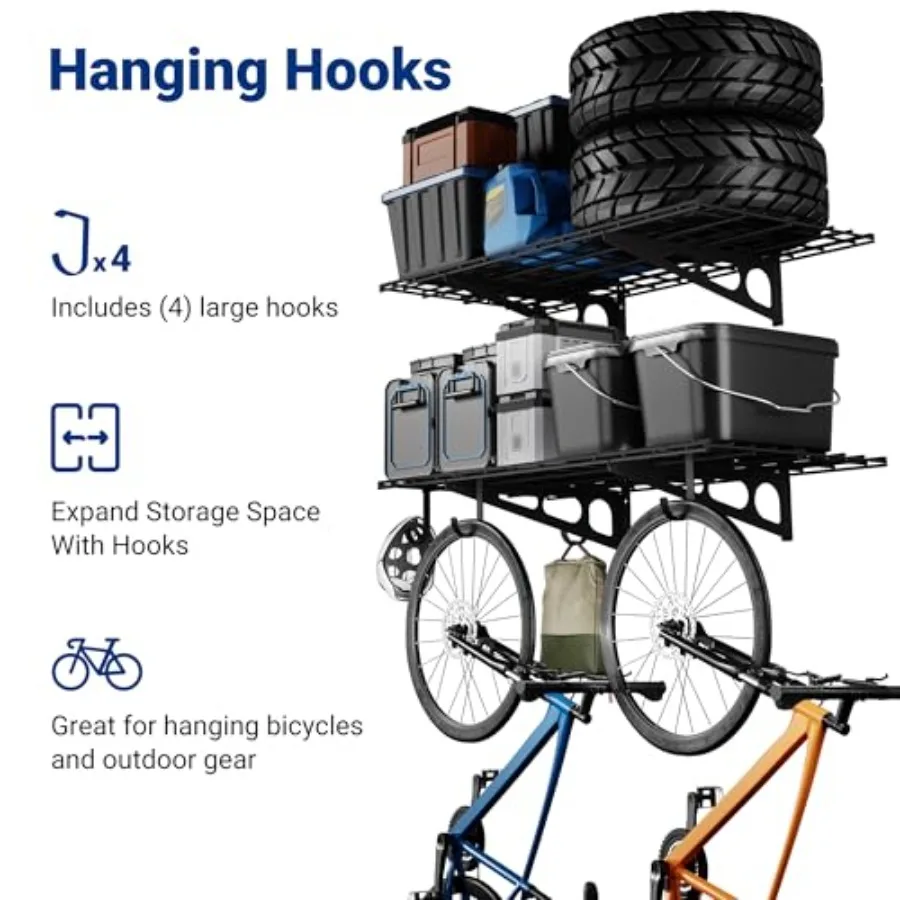2-Pack Feet Garage Shelving with Hooks, 600lbs Load Capacity, Steel, Black, Heavy-Duty Industrial Use