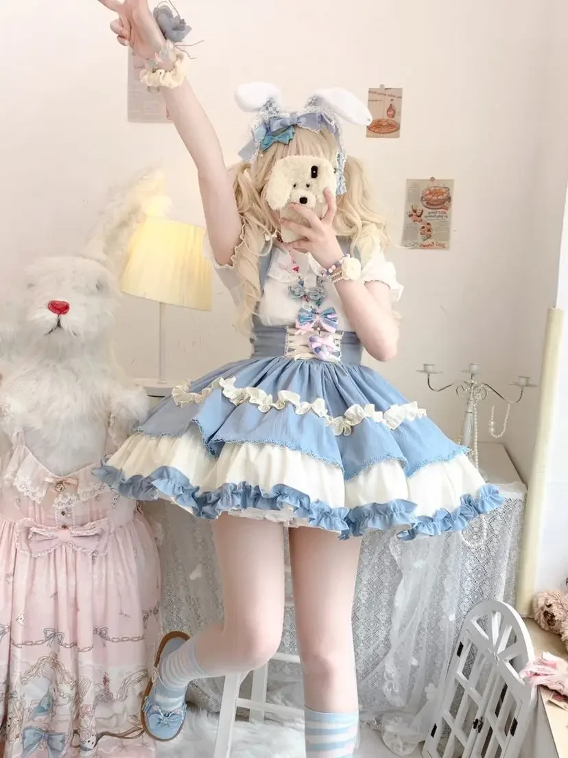 Saia japonesa de Lolita Kawaii para mulher, Jsk Y2k, ídolo pequeno, gótica, preta, curta, laço doce, babados, atadura, saias de cintura alta