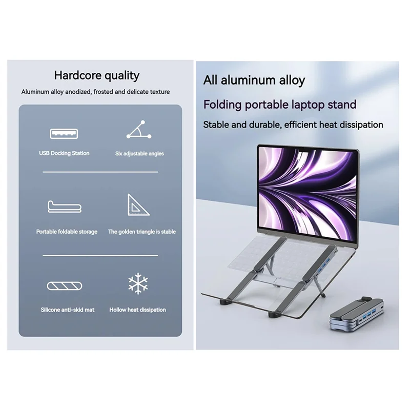 AT93-USB C Hub 2In1 حامل كمبيوتر محمول قابل للطي حامل قابل للتعديل محطة إرساء متعددة المنافذ لأجهزة الكمبيوتر المحمولة 10-17 بوصة