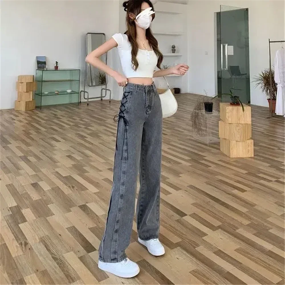 Y2k Black Gray Lace Up Jeans Women Vintage High Waist Straight Design Denim Pant Winter New Chic Harajuku Wide Leg Denim Trouser