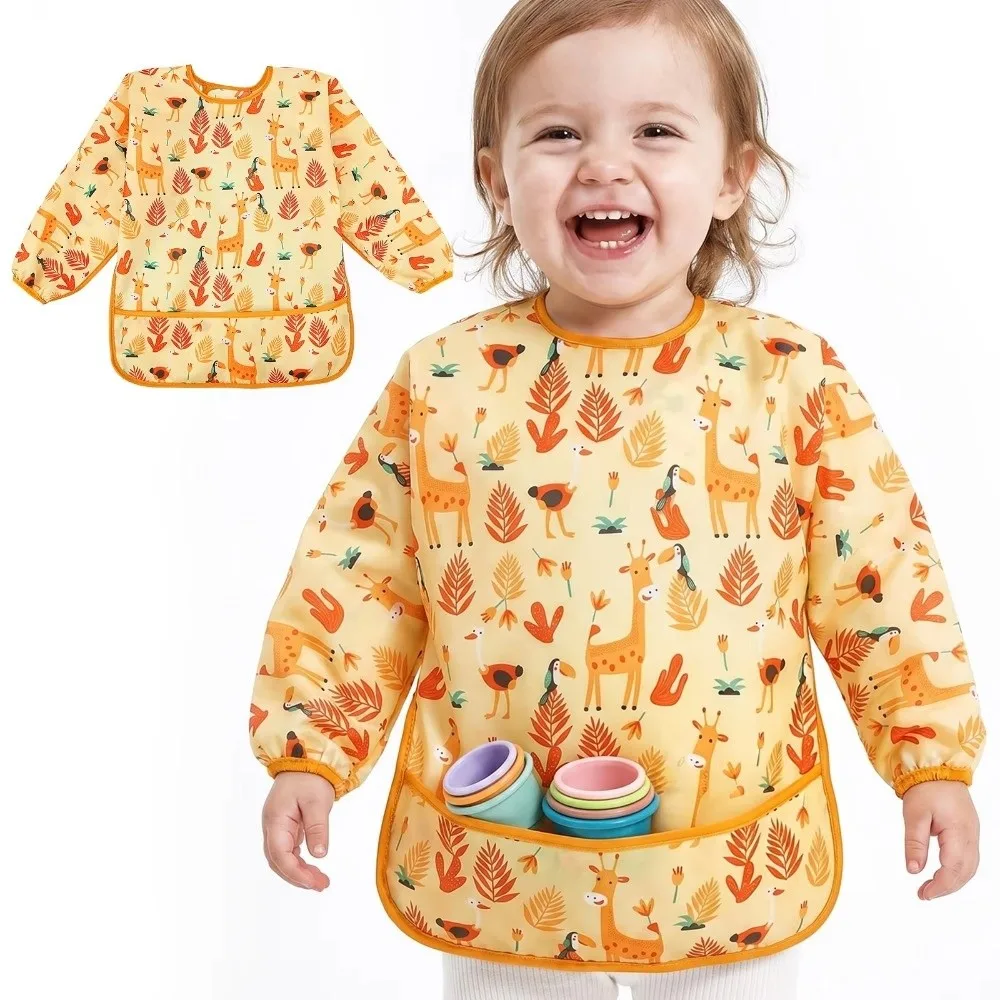New Waterproof Bibs Long Sleeve Adjustable Neckline Full Sleeve Bibs with Pocket Elastic Cuffs Feeding Smock Feeding