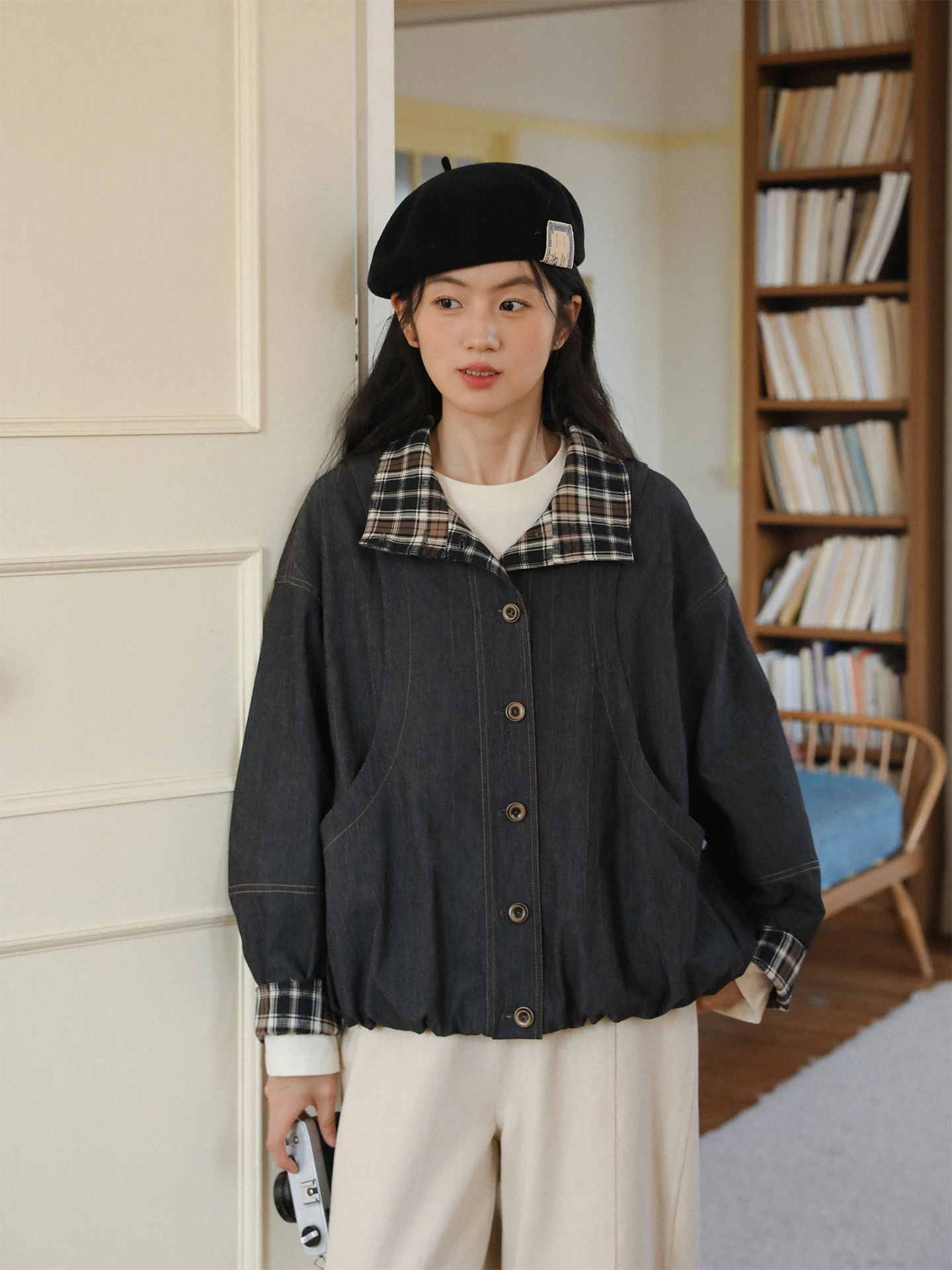 

Женская винтажная свободная куртка Nesoulum bon Estate Bla adient Micro Bloom Design Colion id Pattern ort Jaet Spring