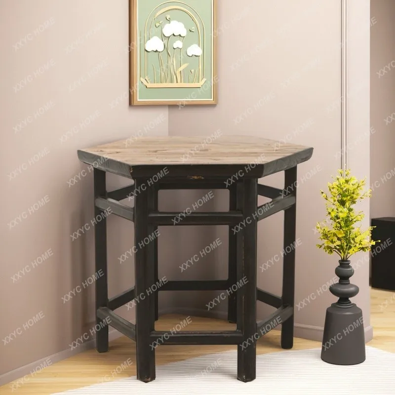 Chinese solid wood hexagonal table living room study desk retro old money wind tea table tea table simple furniture