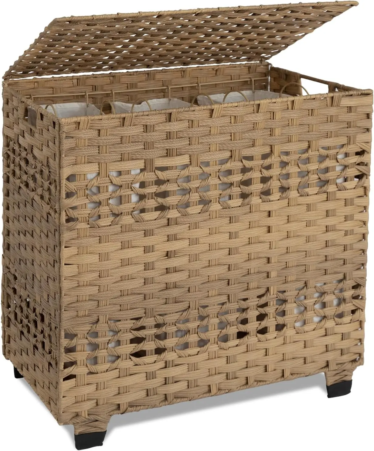 

Foldable Laundry Hamper with Lid, 140L Capacity, 3 Removable Liner Bags, Synthetic Wicker Basket for Bedroom Storage