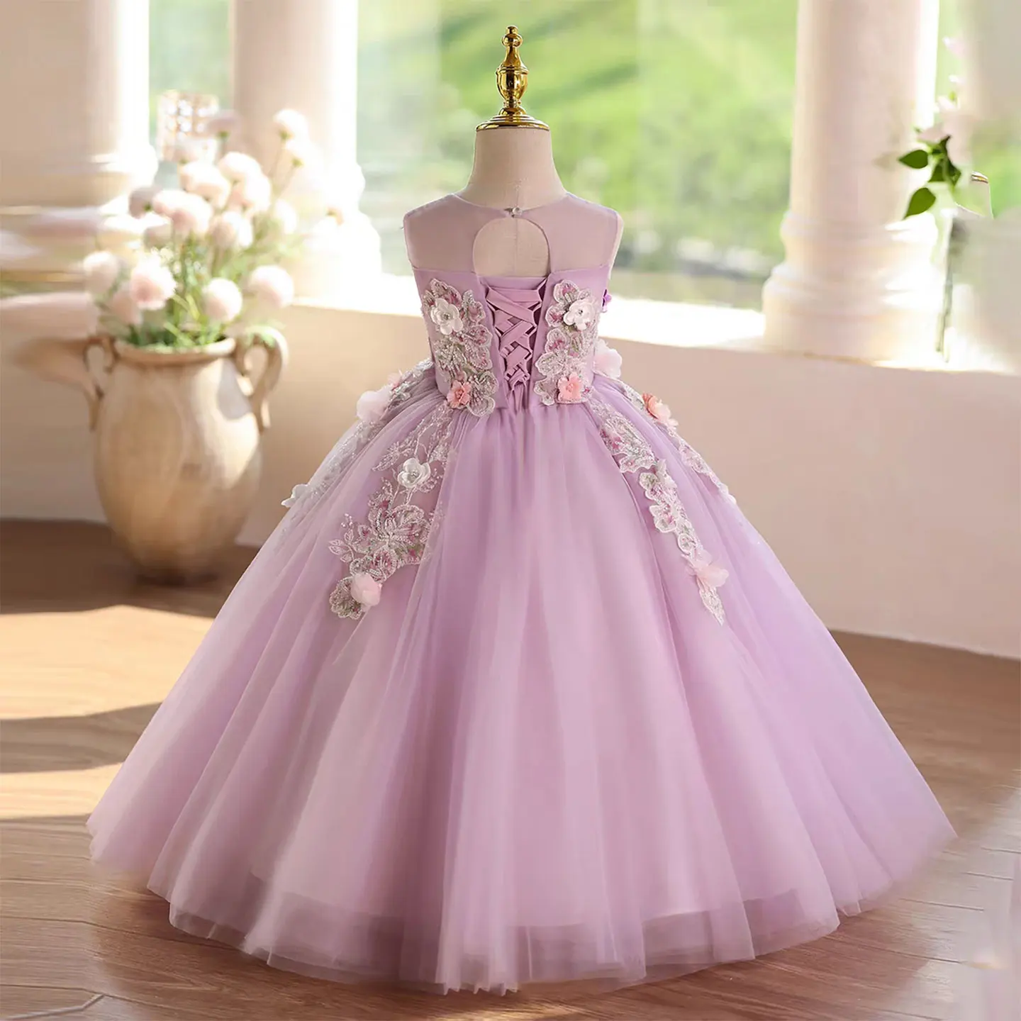 Jill Wish J572 Elegant Lilac Appliques Flower Girl Dress Sequined long Lace Kids Princess Wedding Pageant Birthday Party Gown