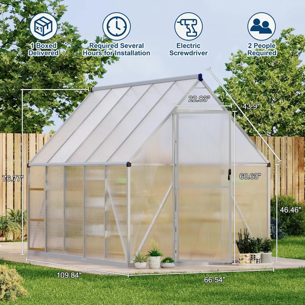 6'X9' Aluminum-Framed Polycarbonate Greenhouse, Heavy Duty Polycarbonate Greenhouse with Quick Setup Structure and Roof Vent