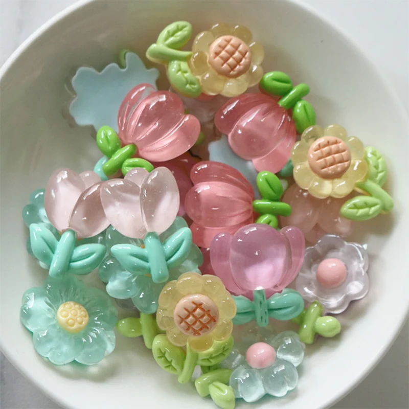 10pcs/pack  Resin Tulip Diy Handmade Hair Accessories Wholesale, Lunch Box And Water Cup Patch Material, Transparent Flowe