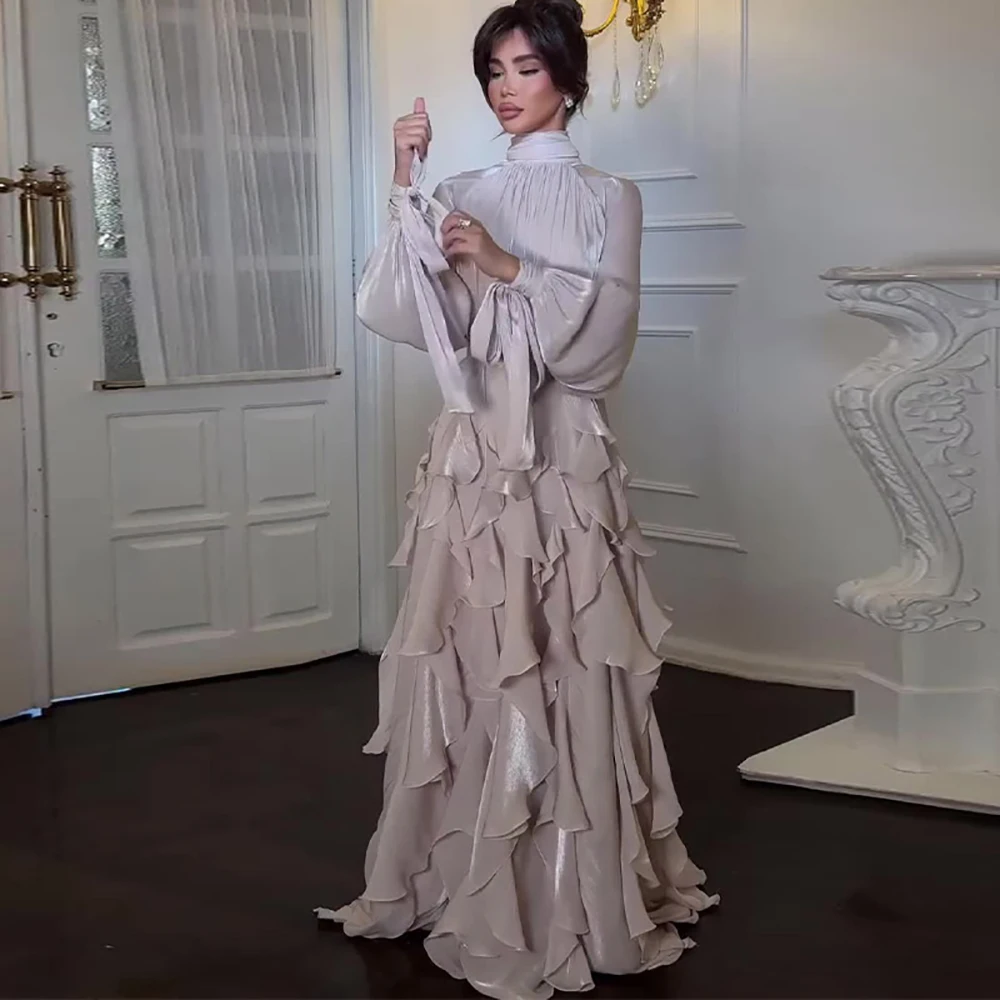 Women's Vintage Floral Embroidered Maxi Dress Deep V Neck Sheer Long Sleeve High Waist A-Line Chiffon Party Evening Gown Dresses