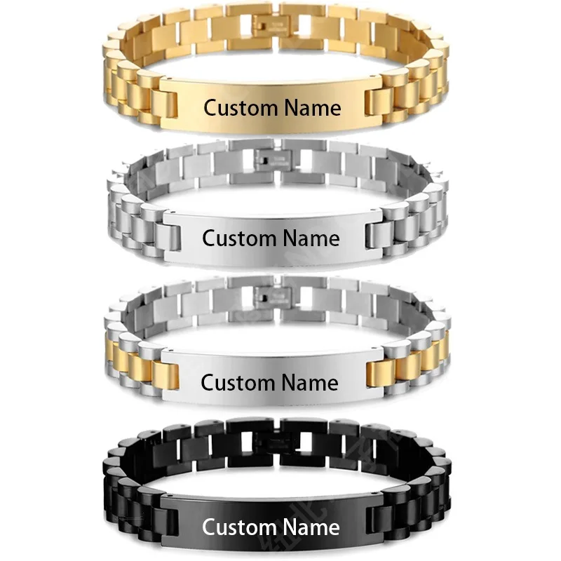 Pulseiras de aço inoxidável personalizadas para homens id pulseira de jóias presente logotipo personalizado nome do logotipo gravar pulseira de