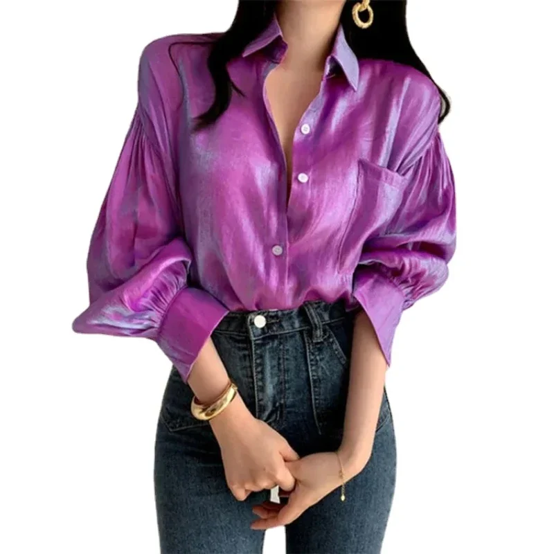 

Gradient Color Shirts Womens 2024 Fashion Bright Blouse Female Elegant Lapel Button Blusa Casual Puff Sleeve Top