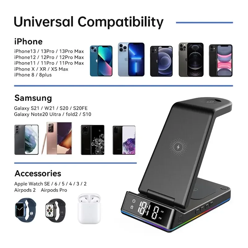 5 In 1 15W Foldable Wireless Charger Stand RGB LED Clock Fast Charging Station Dock for iPhone Samsung Galaxy Watch 6/5 S23 S22