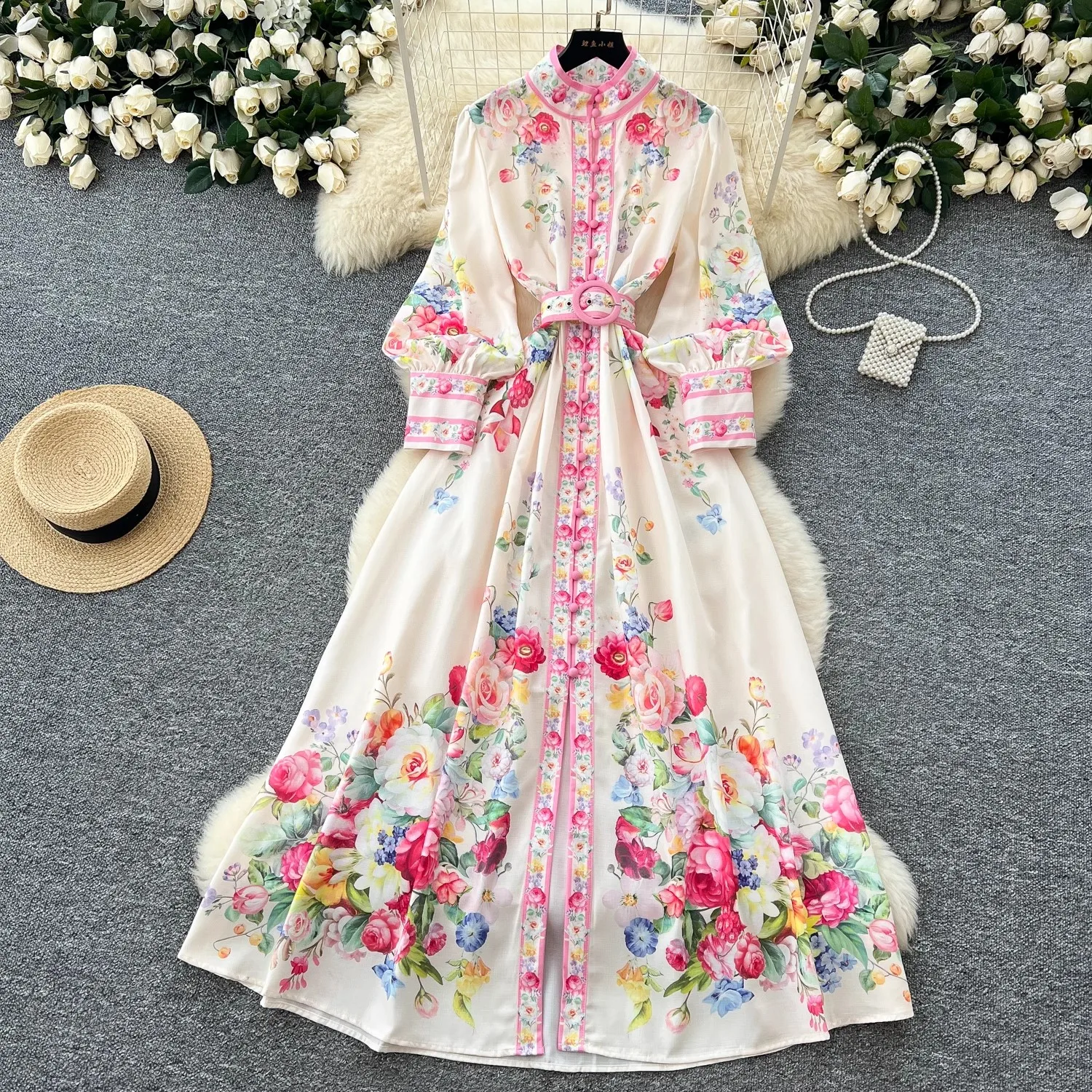 

2025 Spring Fashion Gorgeous Long Dress Women Clothing Stand Long Lantern Sleeve Floral Print Single Breasted Belt Maxi Vestidos