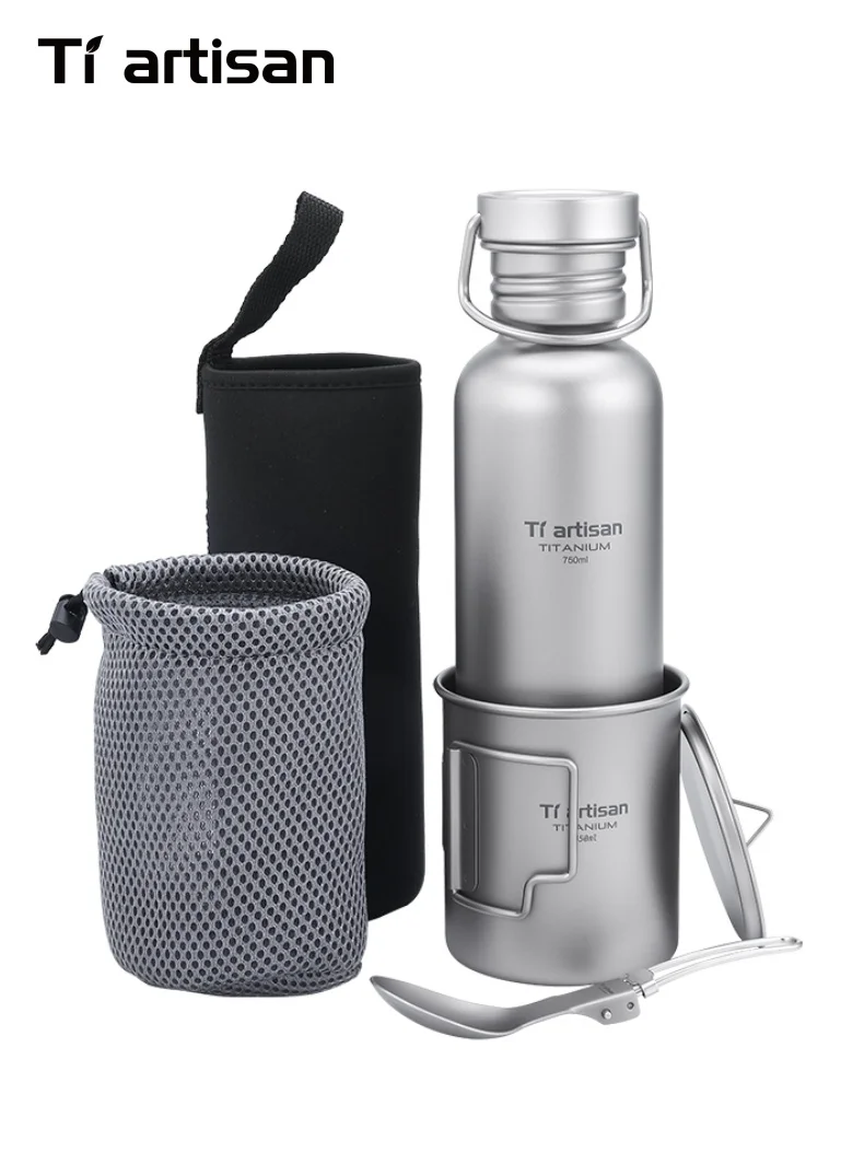 AliExpress Tiartisan Titanium Cookware 3-pcs-set Cycling Water Bottle Foldable Mug And Spoon Set Lightweight Portable Outdoor Camping Gear
