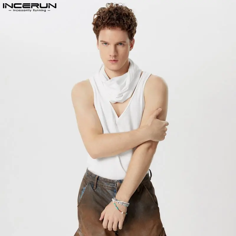 INCERUN Tops 2024 Korean Style Mens Thin Knitted Low Neck Scarf Vests Casual Streetwear Sexy Hot Sale Sleeveless Tank Tops S-3XL