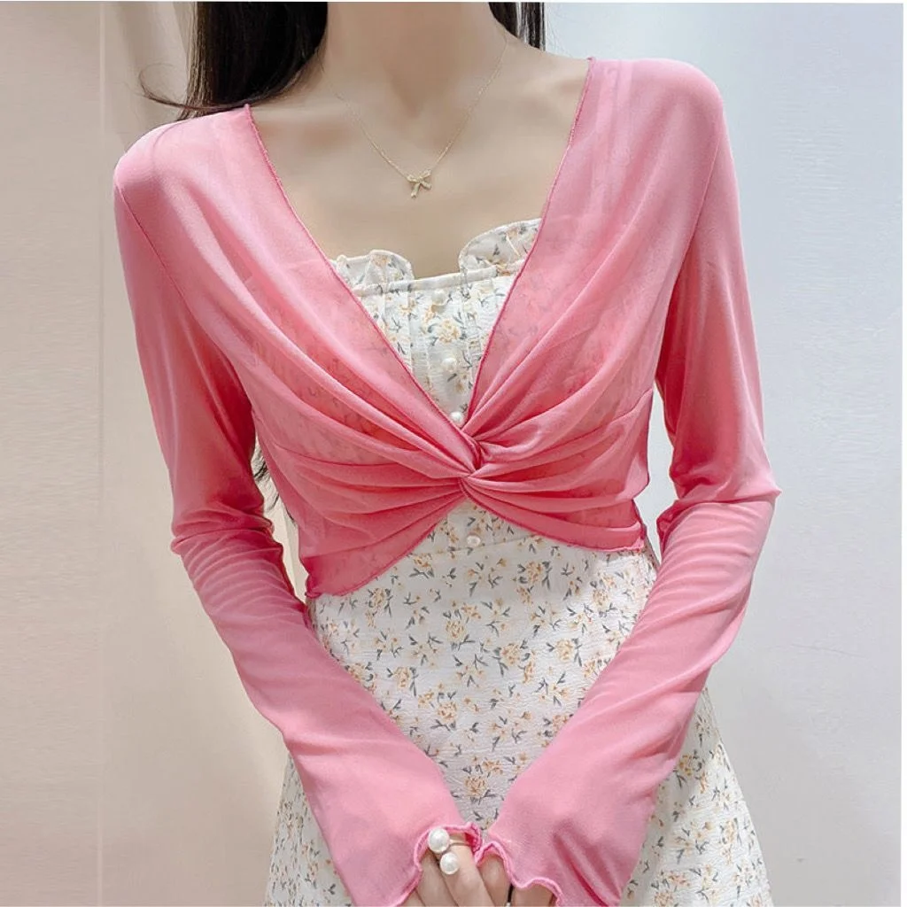 2023 Sunscreen Blouse Women Summer Thin Air-conditioned Room Shawl Long-sleeved Gauze Chic Beautiful Short Top