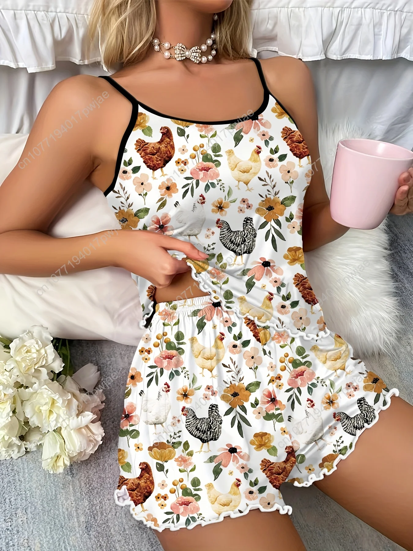 

Full-Print Rooster Floral Suspender Shorts Pajama Set for Women