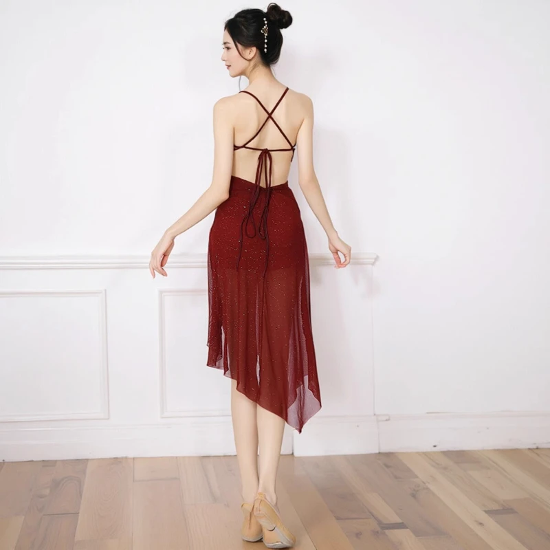 Damska Sukienka Baletowa Liryczna Latin Dance Kostium Występ Bez Rękawów Odkryte Plecy z Dziurką na Guzik Błyszczące Dżety Rozcięcie Boczne Siateczkowa Sukienka Maxi