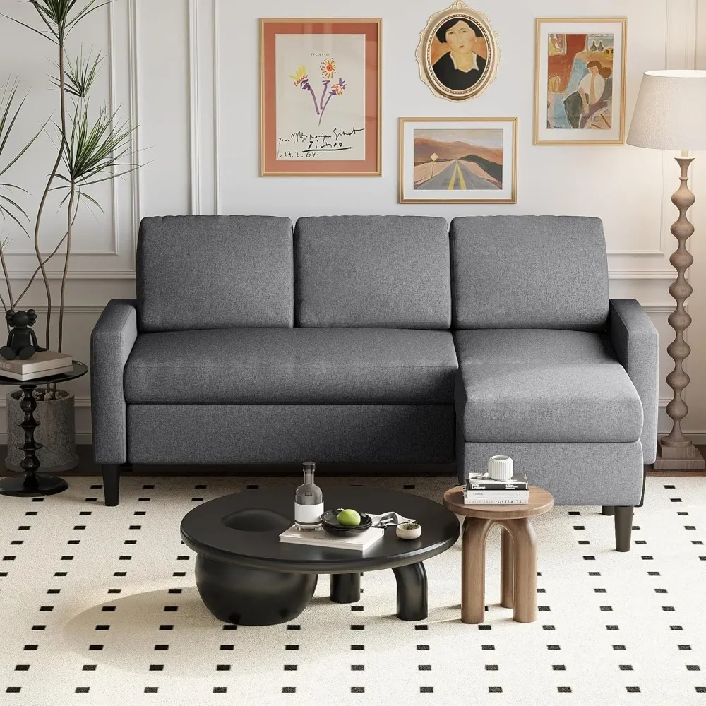 Convertible Sectional Sofa Couch, with Modern Linen Fabric Upholstered, Space-Saving Sofa with Reversible Chaise for Living Room