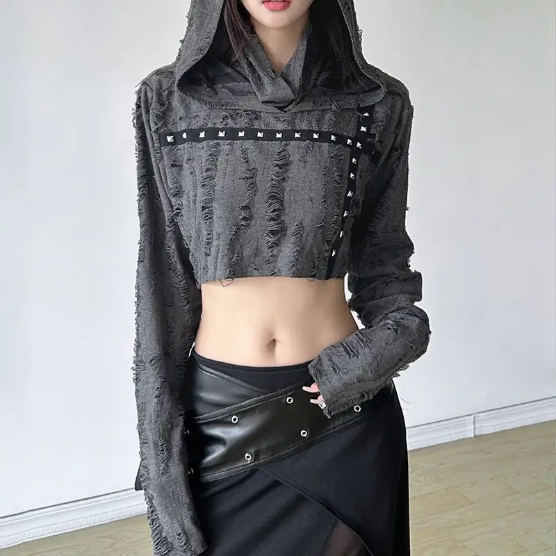 Women Grunge Y2K Hot Girl Sleeveless Hooded Crop Top Ripped Distressed Detachable Sleeve Arm Warmers Top Summer Base Layer