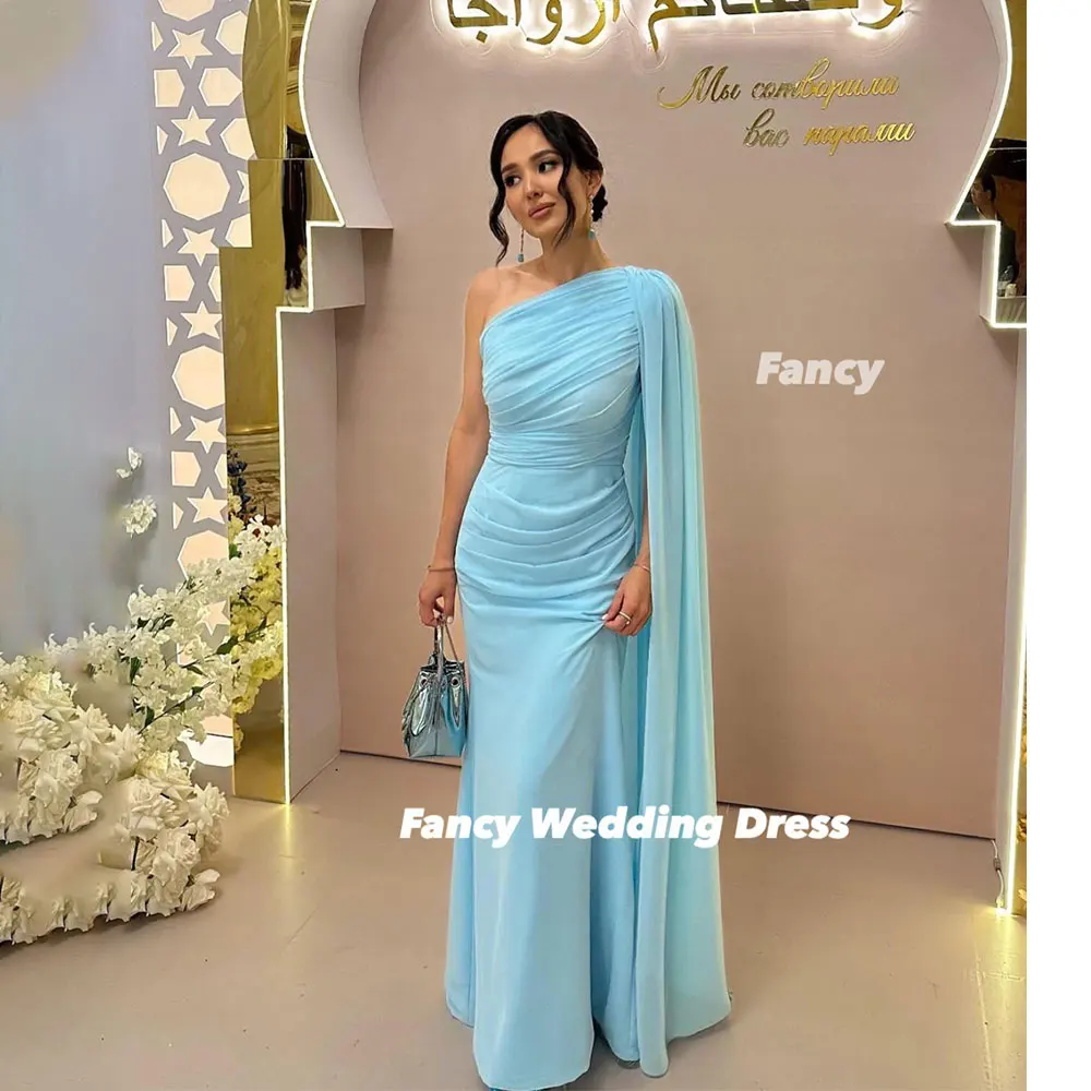 

Необычное элегантное синее вечернее платье из шифона на одно плечо فساتين equilibפרי с шалью с молнией сзади по индивидуальному заказу, Саудовская Аравия