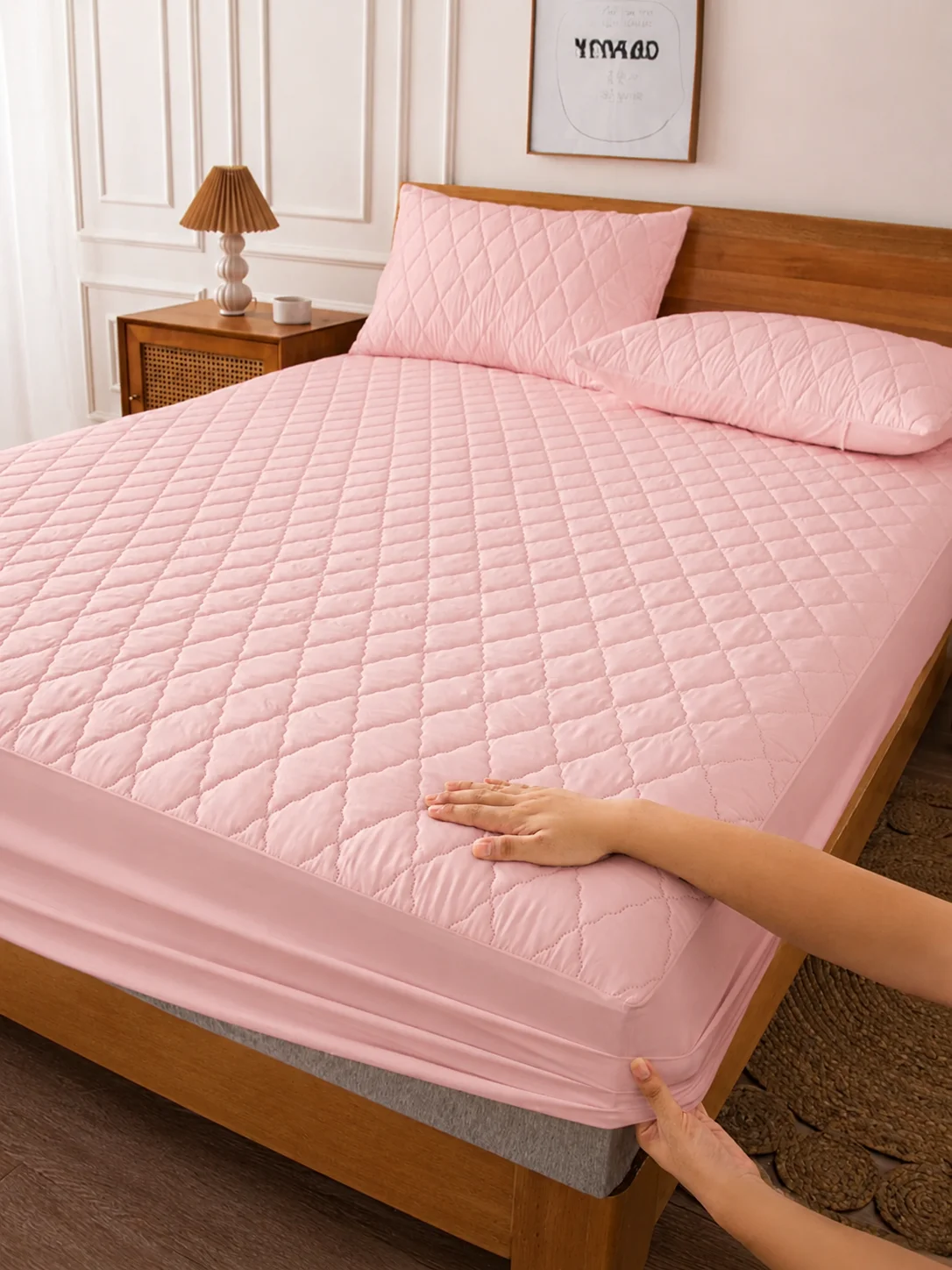 1 piece of pink quilted bedsheet, soft, breathable, and durable bed protection pad, for single, double, queen, and king beds