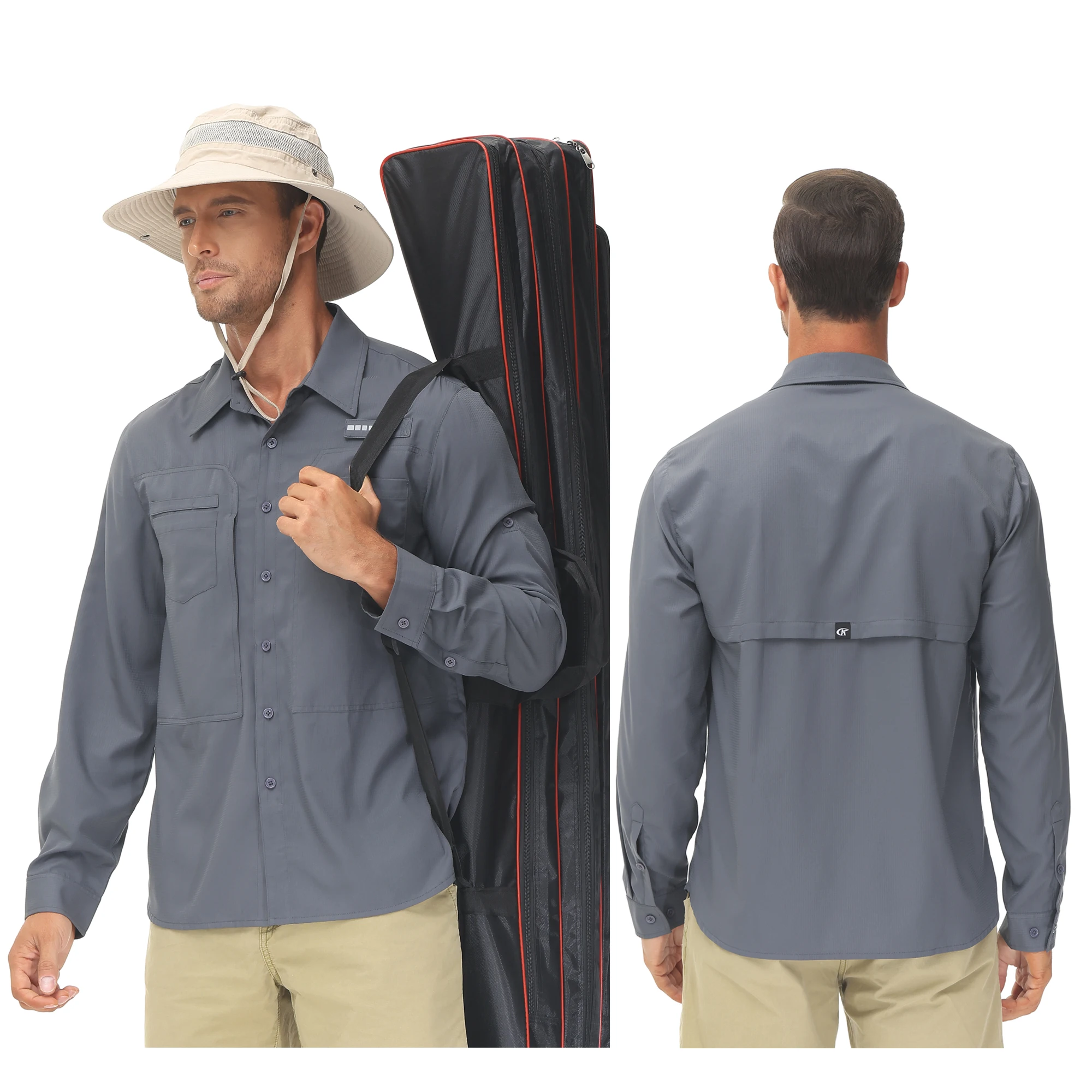 Breathable Fishing Shirts with Foldable sleeve Men\'s UPF 50+ Casual Hiking Cargo Shirt Button Down Shirt Blouse Zipper Pocket