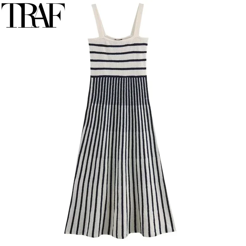 TRAF 2024 Women Dresses Sleeveless Knitted Stripe Dresses 2024 Women Summer Backless Slip Midi Dress Woman Elegant Party Dresses