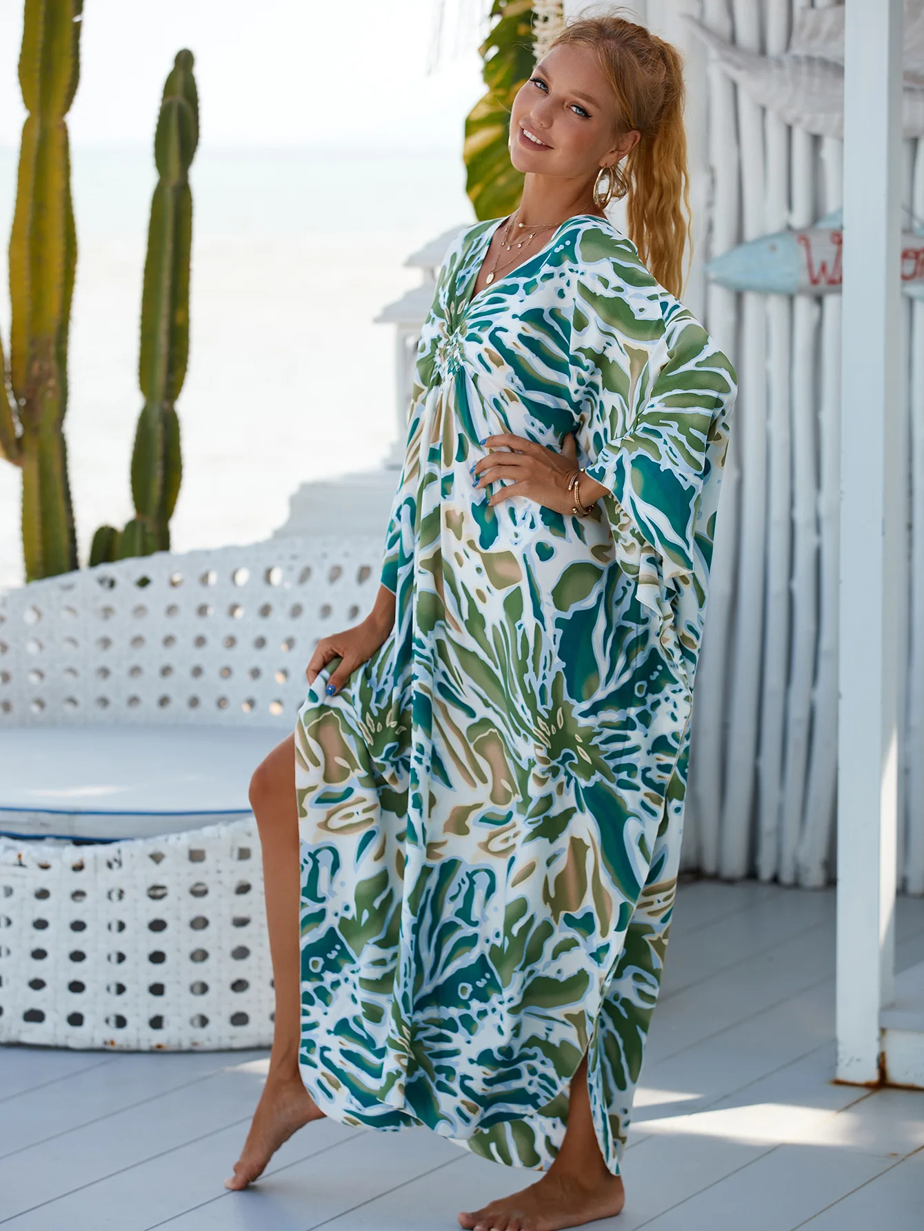 Robes caftan pour femmes, grande taille, manches chauve-souris, costume de bain long, Cover-Up, robe de plage Maxi, vêtements de détente