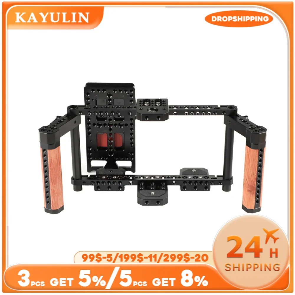 Kayulin Monitor Cage Rig Adjustable Camera 7 inch  With Dual Wooden Handle & Power Supply Splitter for Monitor High Quality