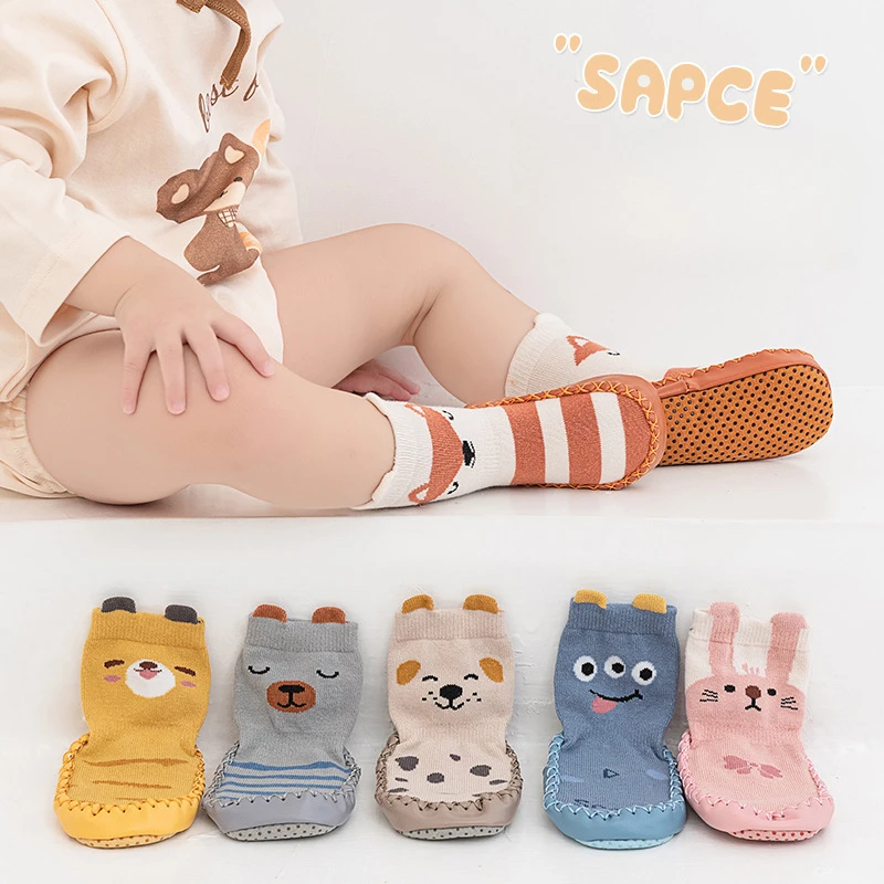 Autumn and Winter New Baby Anti Slip Walking Shoes for Infants and Children Glued Floor Socks 3D Cartoon Leather Sole Socks