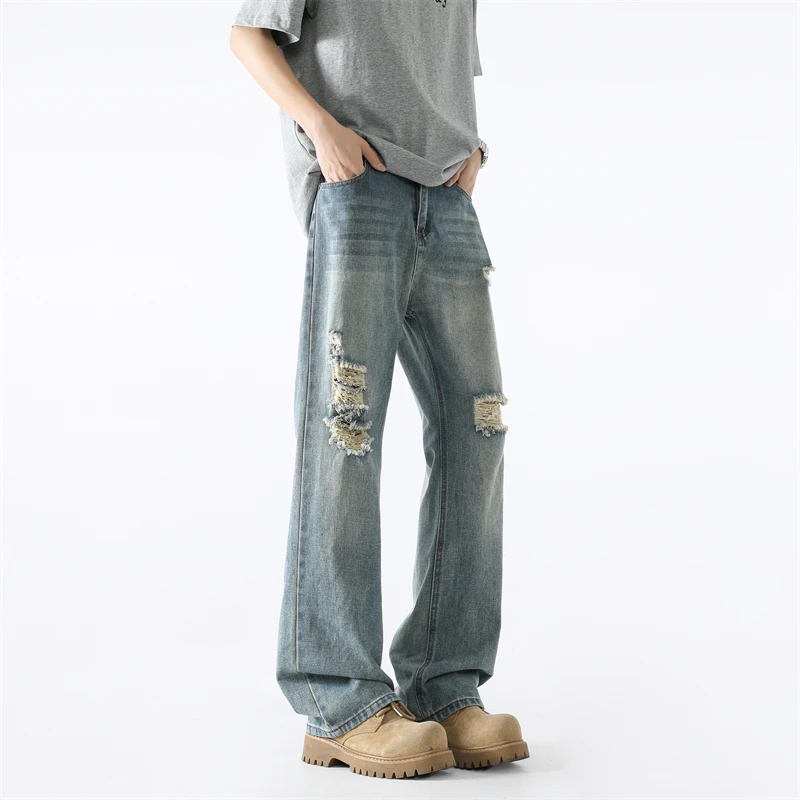 

HIQOR Summer Jeans Men Casual Fashion Vintage Man Baggy Straight Pants Korean Hiphop Ripped Jeans Blue Y2k Man Denim Trousers