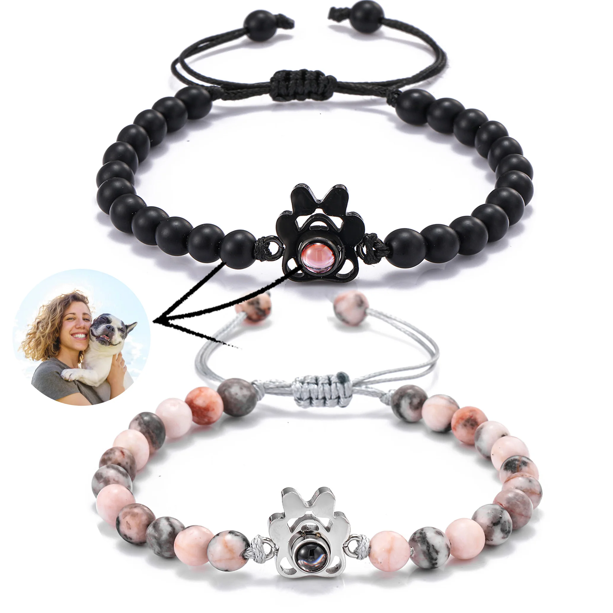 Beaded Personalized Photo Projection Bracelet Custom Photo Dog Paw Bracelet Pet Photo Necklace Cat PawPendant Commemorative Gift