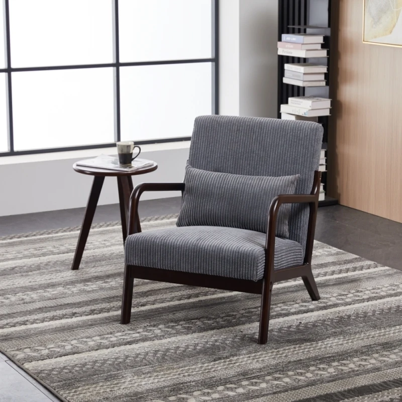 Dark Gray Antique Leisure Chair Walnut Tone Coffee Table Mid Century Modern Style Vintage Accent Set