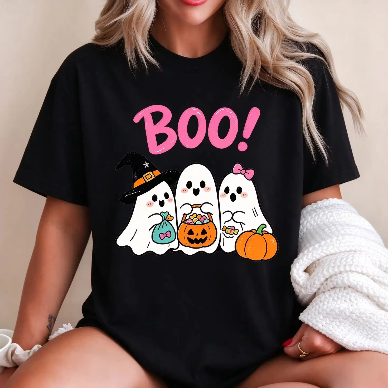 Women Halloween Boo Cute Ghost Pumpkin Trick Or Treat Graphic Short Sleeve T Shirt