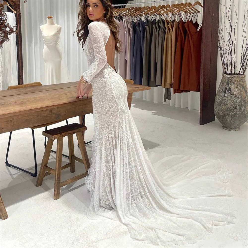 20064# Boho Long Sleeves Front Slit Lace Wedding Dress For Women Elagant Backless Bridal Gown With Long Train Customzied