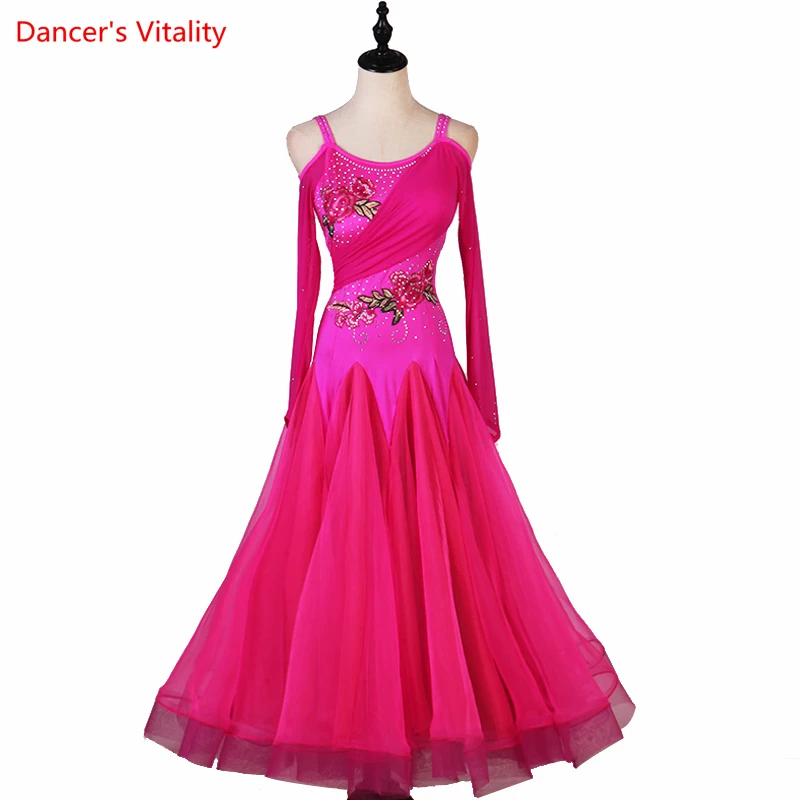 Custom made Ballroom Dresses Sexy long sleeves Stage Waltz Dancing Big Swing Dress Women Ballroom Competition Dance Costumes