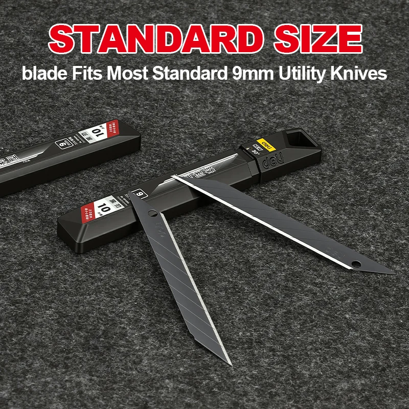 DELI 9mm Snap-Off Utility Knife Blades, 30° Black Blade, 0.4mm SK5 Alloy Steel Replacement Blades for Box Cutter & Craft Knife